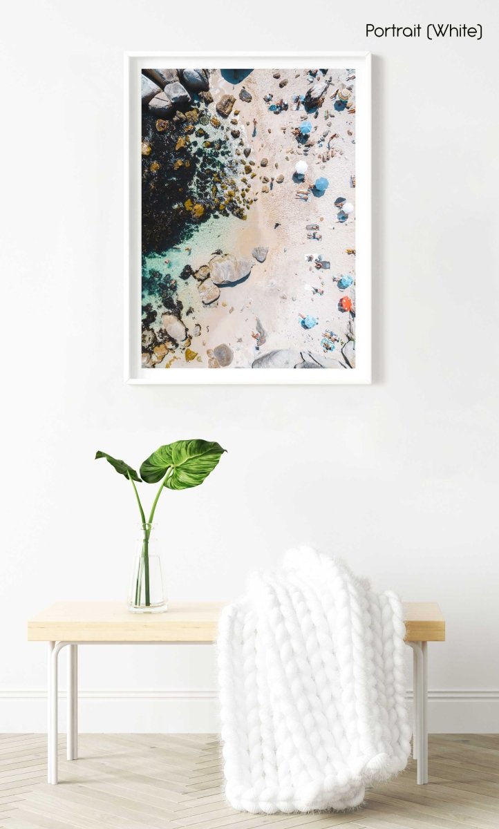 Beach goers and umbrellas from above on Beta Beach Bakoven in a white fine art frame