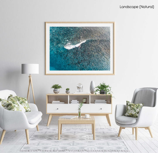 Aerial of kayak surfing on a shallow wave at Bower in Manly Sydney in a natural fine art frame