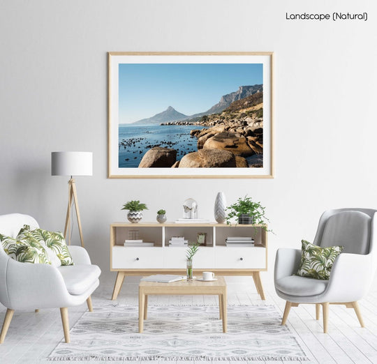 Lions Head seen from Oudekraal's blue water and rocks in a natural fine art frame