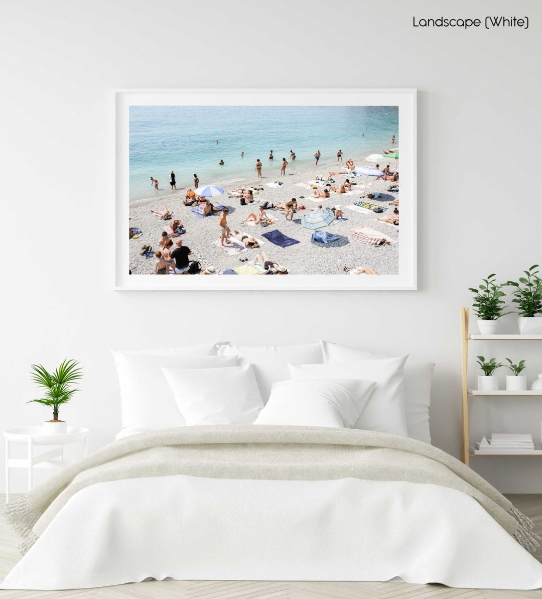 Beach goers lying on sand at italian beach in a white fine art frame