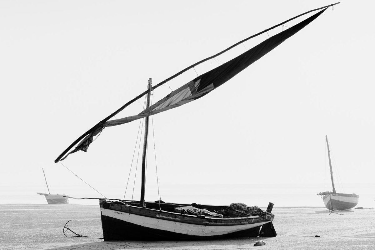 Dhow boats in black and white in Bazaruto Archipelago, Mozambique