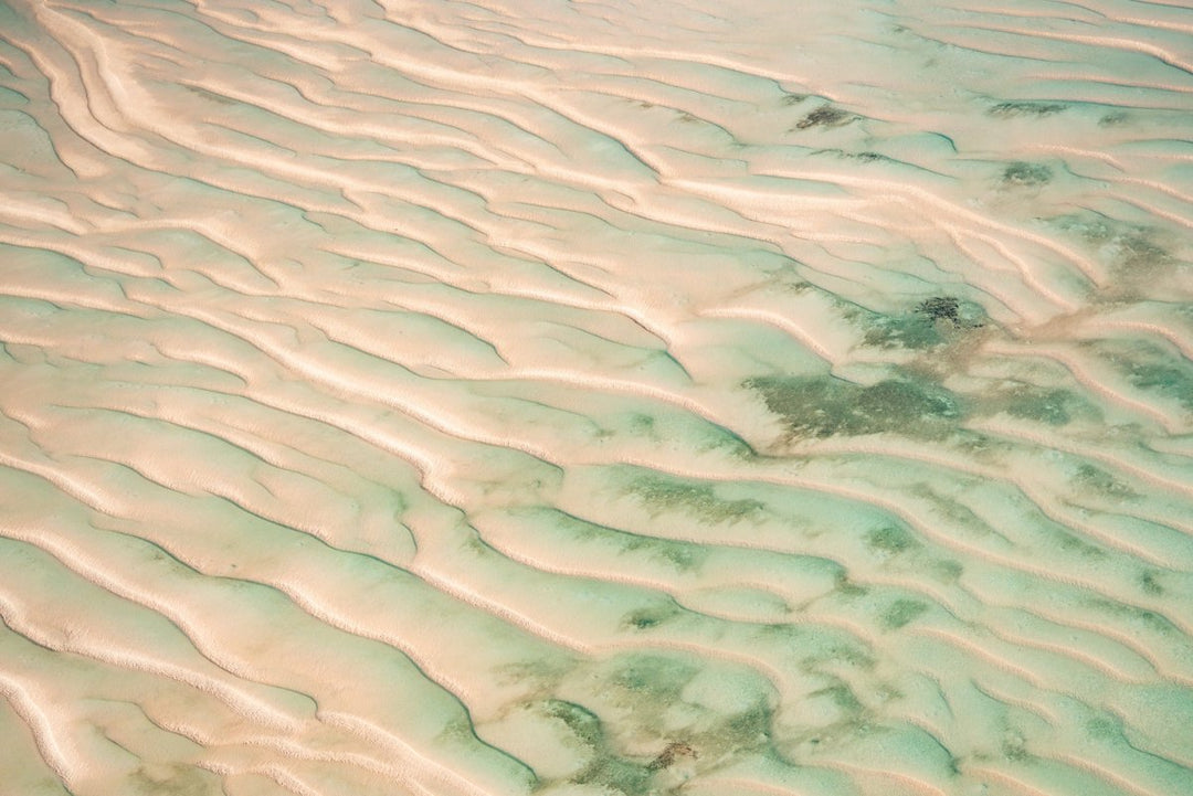 Shallow sand banks seen from aerial perspective in Bazaruto Archipelago, Mozambique