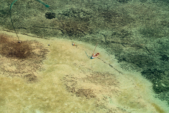 Aerial image of fishermen and their dhow boat in Bazaruto Archipelago, Mozambique