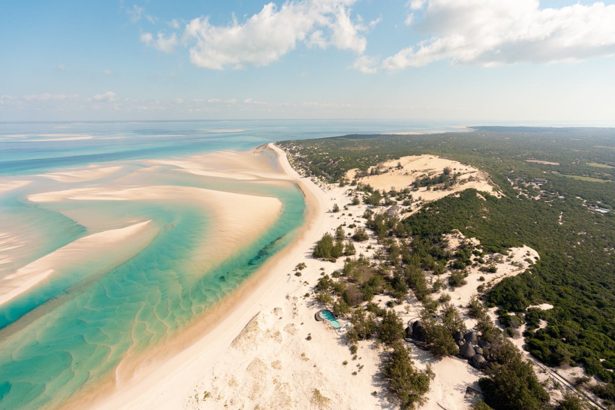 Aerial image of the white sandy beaches, blue ocean and kisawa sanctuary in Bazaruto Archipelago, Mozambique