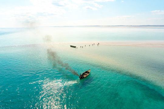 Aerial image of local fishermen casting nets and catching fish in Bazaruto Archipelago, Mozambique