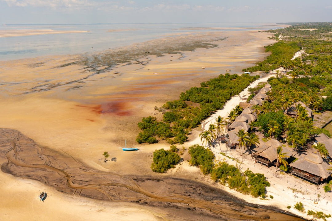 Aerial image of vilankulos at low tide with palm trees, boats and beach in Bazaruto Archipelago, Mozambique