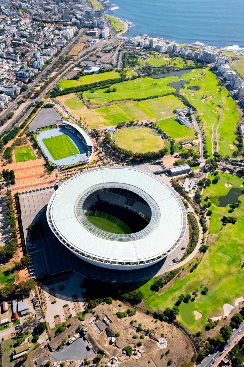 Aerial image taken from helicopter of DHL Stadium in Cape Town, South Africa.