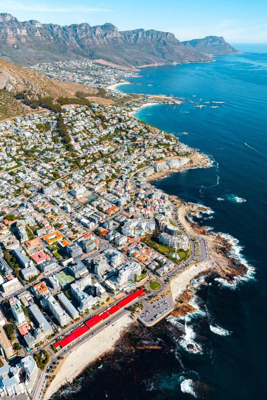 Aerial image taken from helicopter of Atlantic Seaboard in Cape Town, South Africa.