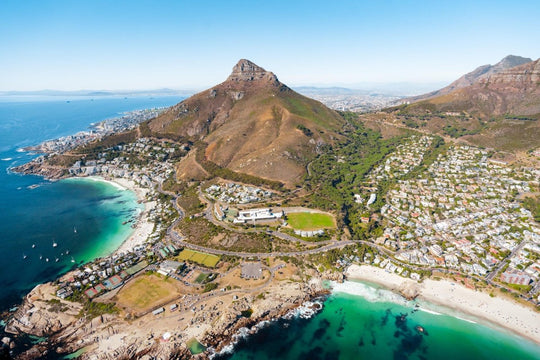 Aerial image of Lion's head and its surrounding beaches in Cape Town, South Africa.