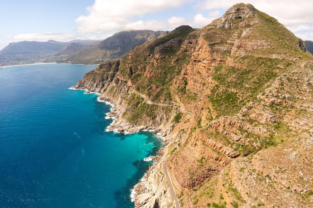 Aerial image of Chapman's Peak drive and its view point in Cape Town, South Africa.