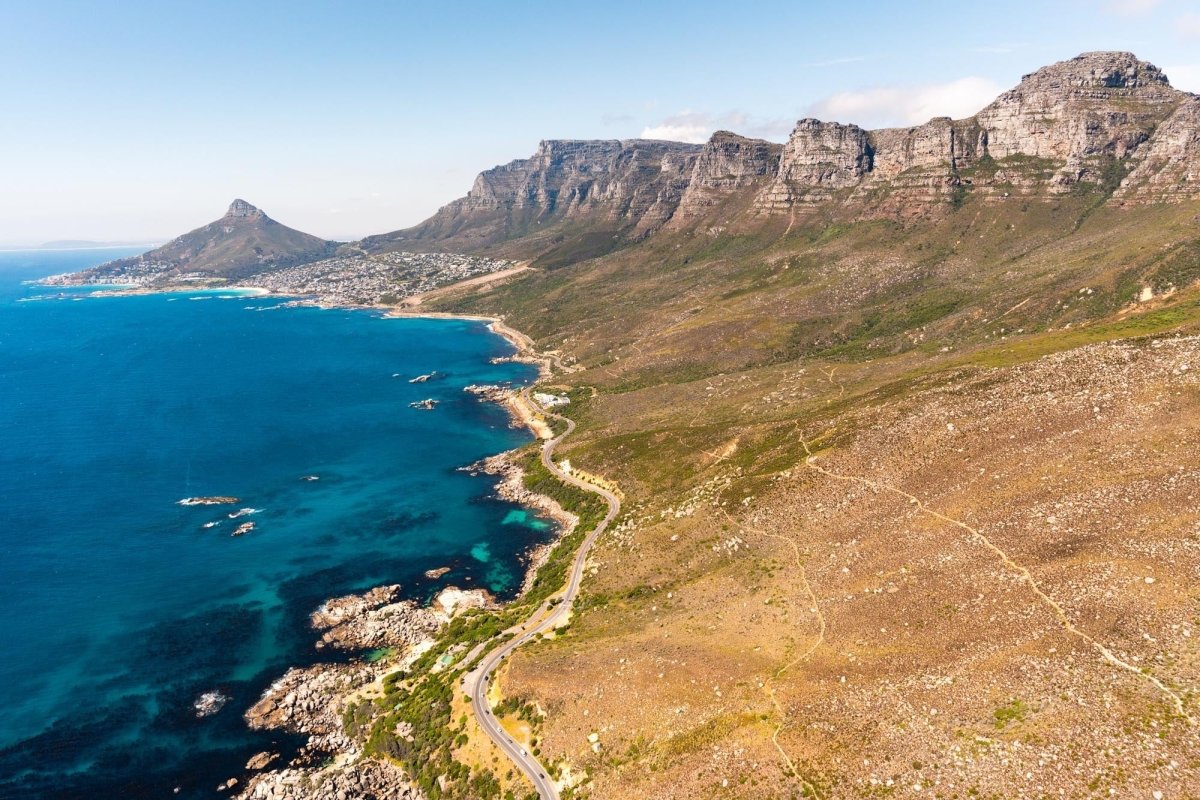 Aerial image of twelve apostles drive along the atlantic ocean in Cape Town, South Africa.