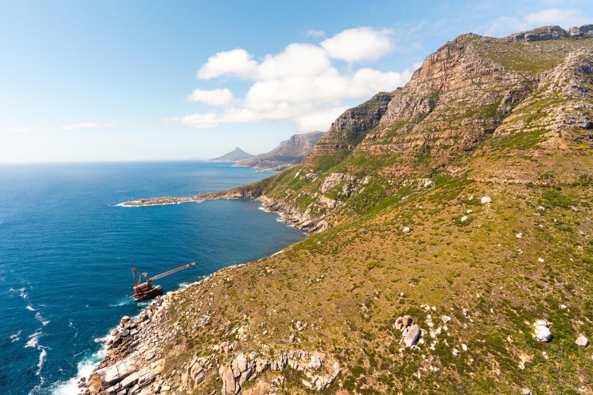 Aerial image of the BOS400 shipwreck along the atlantic ocean in Cape Town, South Africa.