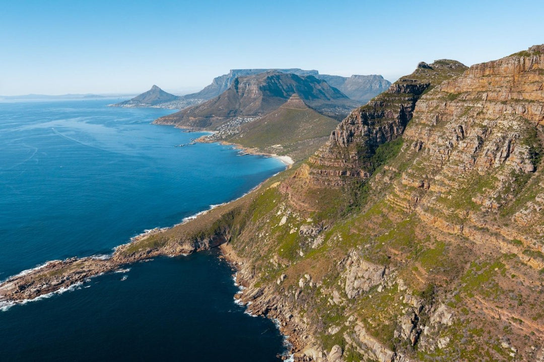 Aerial image of the rugged coastline in Cape Town, South Africa.