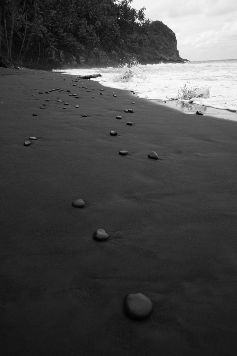Black sand beach with pebbles and lush palm trees meeting the sea in Sao Tome and Principe.