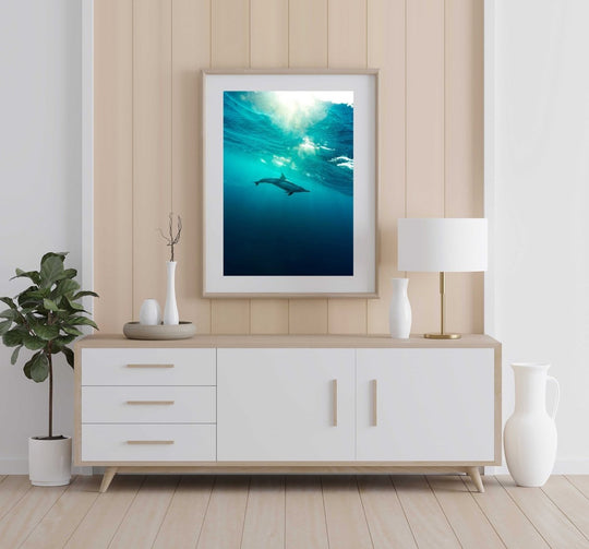 Framed Artwork with a natural frame in a living room
