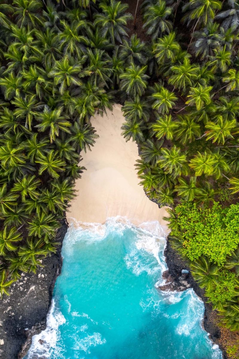 Aerial photograph of praia batteria on rolas island in sao tome and principe.