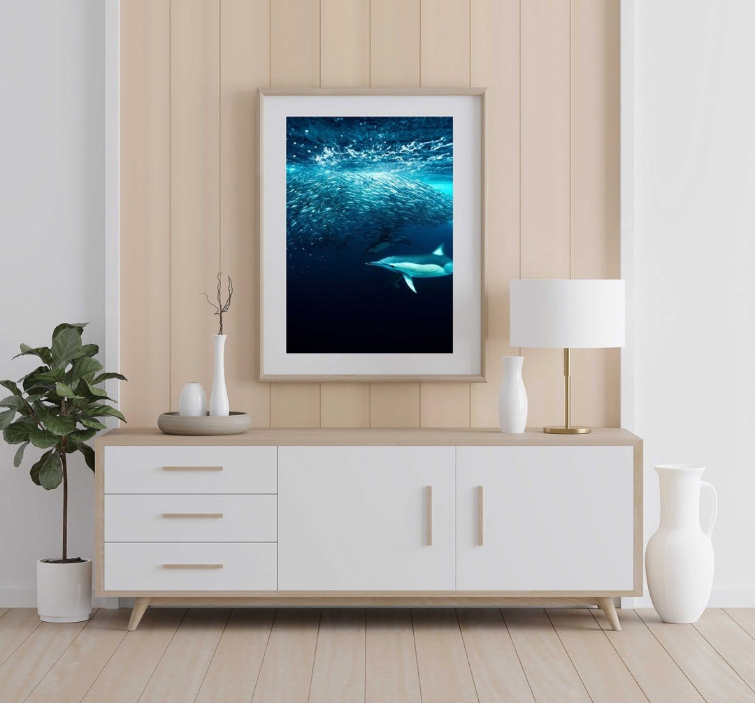 Framed Artwork with a natural frame in a living room