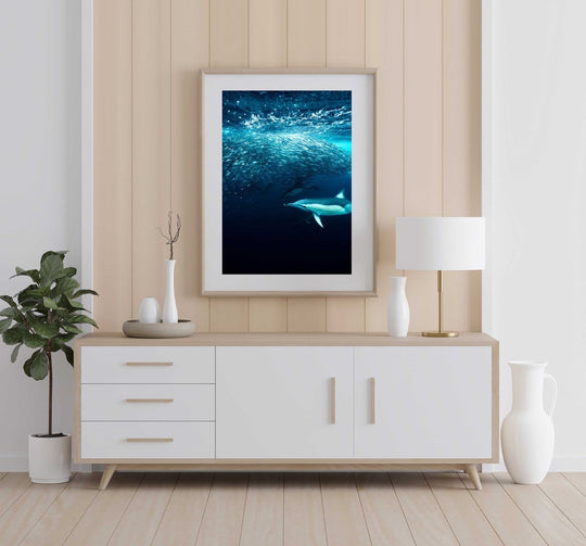 Framed Artwork with a natural frame in a living room