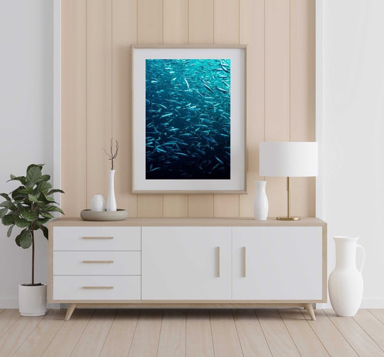 Framed Artwork with a natural frame in a living room