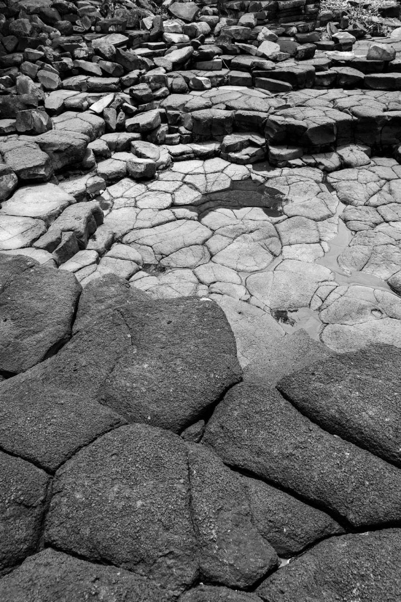 Volcanic rock layers in black and white