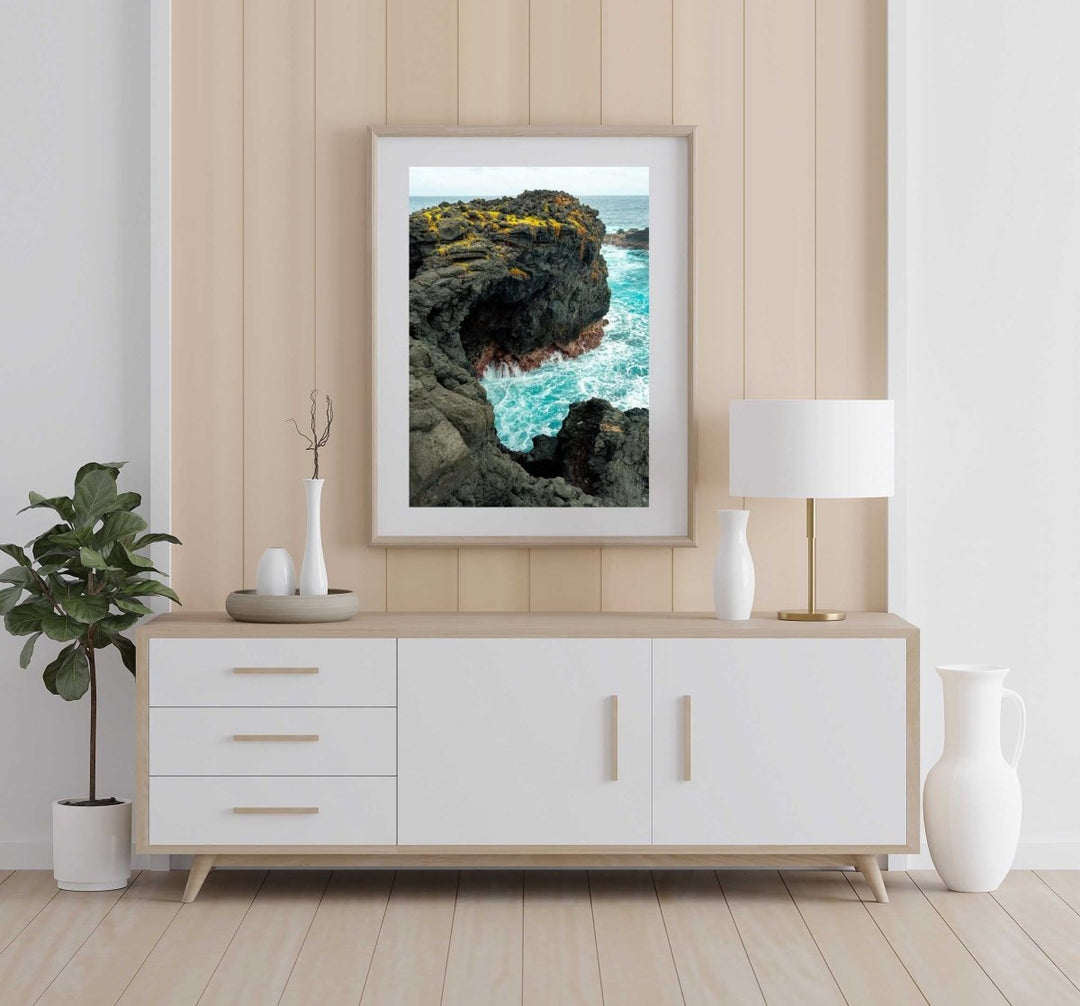 Framed Artwork with a natural frame in a living room