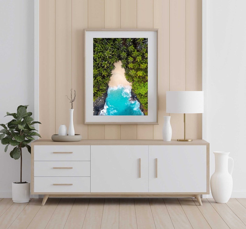 Framed Artwork with a natural frame in a living room