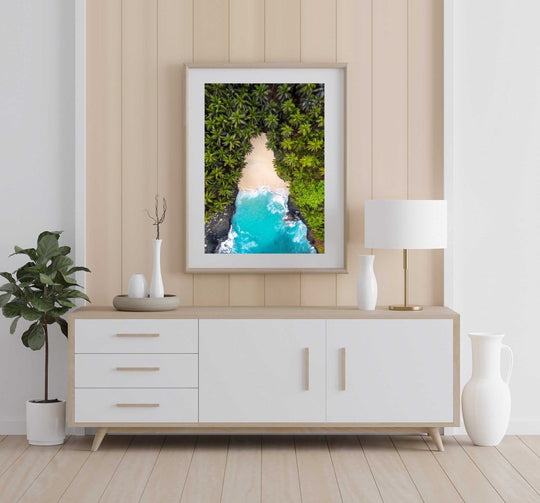 Framed Artwork with a natural frame in a living room