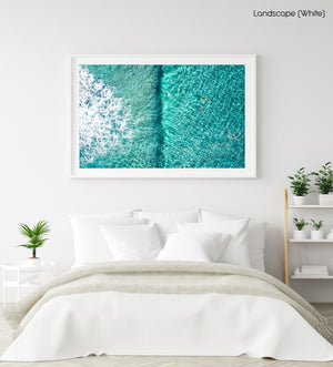 Aerial of Surfers in a turqoise ocean in a white fine art frame