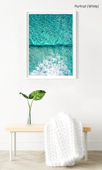 Aerial of Surfers in a turqoise ocean in a white fine art frame