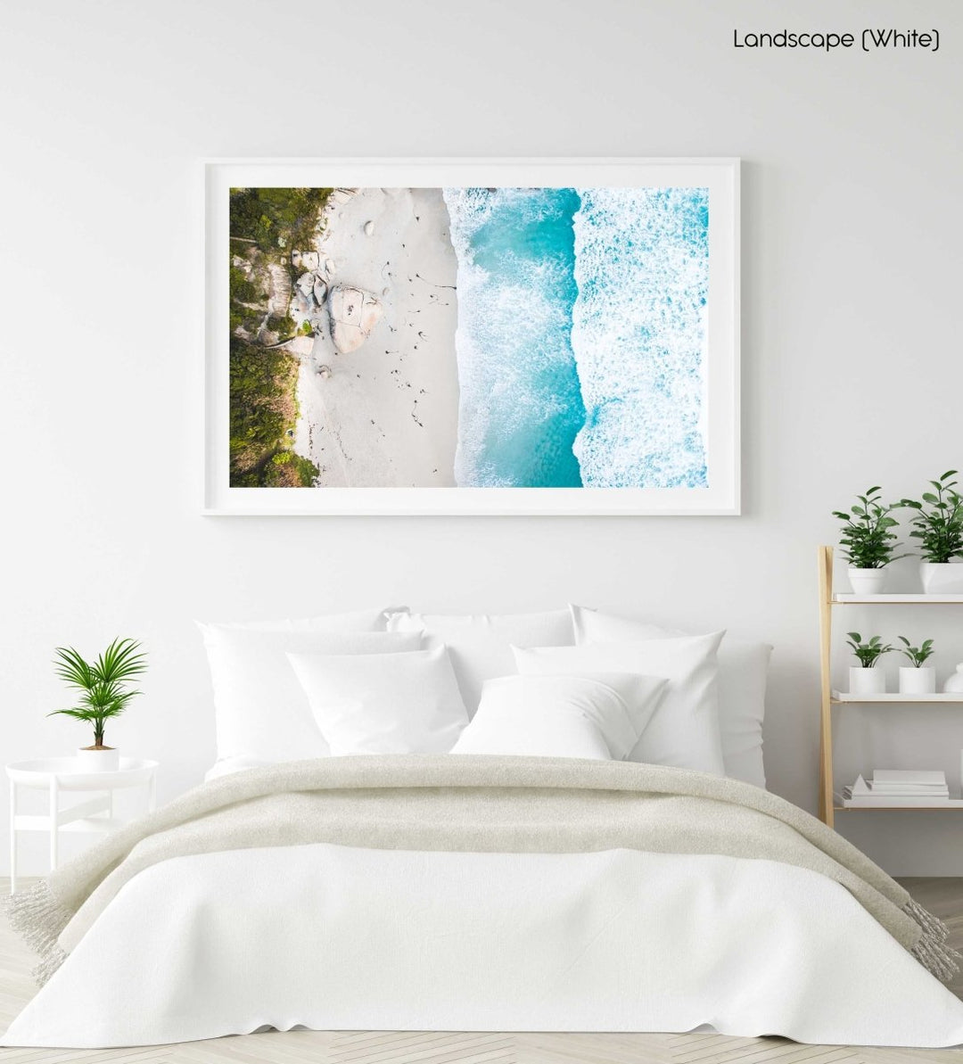 Aerial of Llandudno beach and waves crashing on sand in a white fine art frame