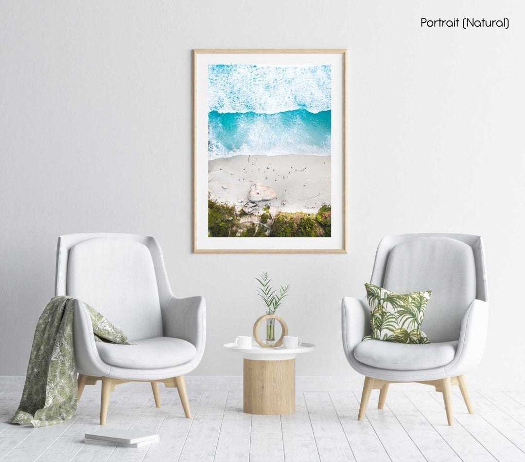 Aerial of Llandudno beach and waves crashing on sand in a natural fine art frame