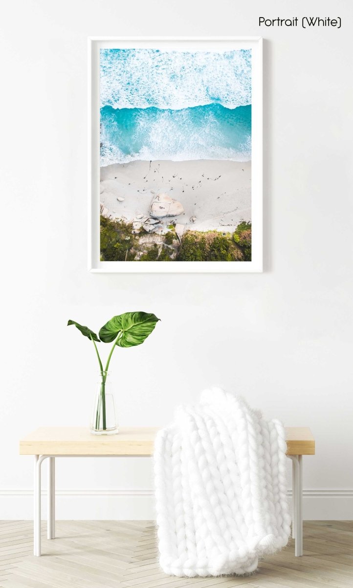 Aerial of Llandudno beach and waves crashing on sand in a white fine art frame