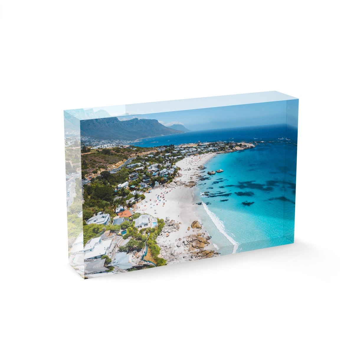 Aerial Clifton beach along Cape Town coast on a summers day