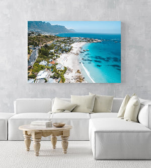Aerial Clifton beach along Cape Town coast on a summers day in an acrylic/perspex frame