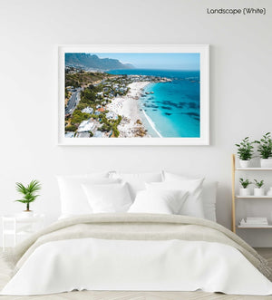 Aerial Clifton beach along Cape Town coast on a summers day in a white fine art frame