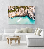 Aerial Clifton beach along Cape Town coast on a summers day in an acrylic/perspex frame