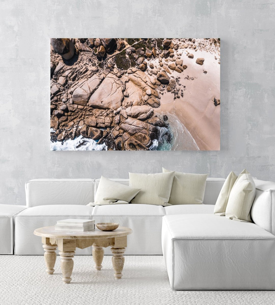 Aerial small wave breaking along Llandudno Beach in Cape Town in an acrylic/perspex frame