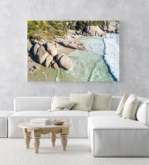 Aerial of swimmers at Llandudno beach in Cape Town during sunset in an acrylic/perspex frame
