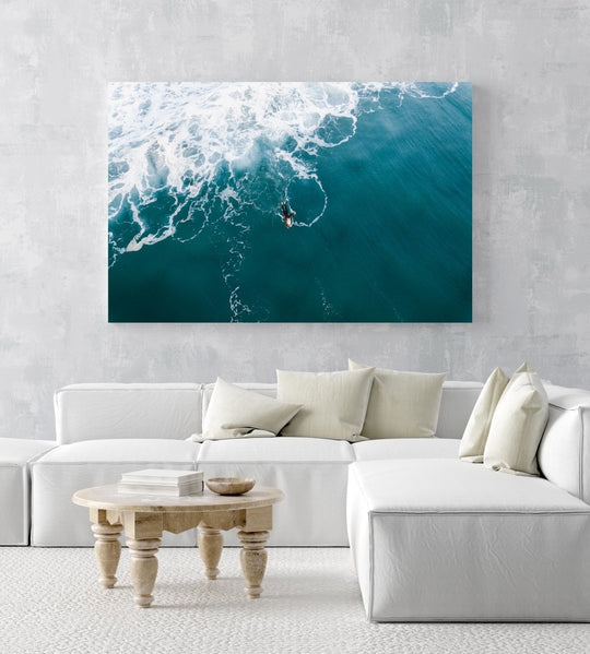 Two people playing beach bats on Llandudno Beach in Cape Town from an aerial perspective in an acrylic/perspex frame