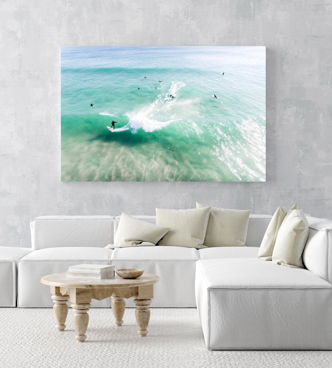 Aerial of surfer carving on a green wave taken at Llandudno Beach in Cape Town in an acrylic/perspex frame