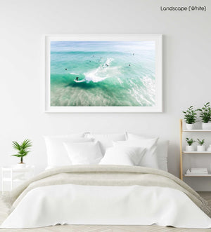 Aerial of surfer carving on a green wave taken at Llandudno Beach in Cape Town in a white fine art frame