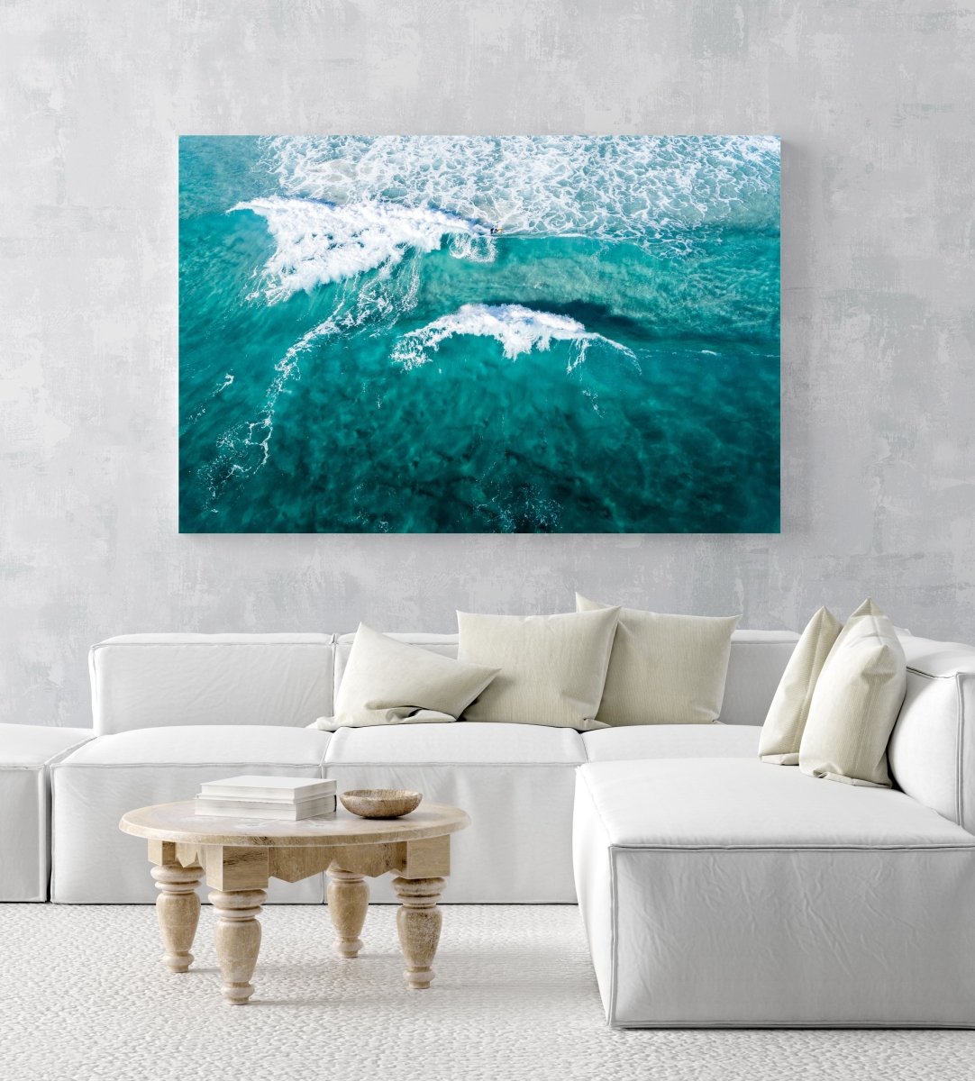 Aerial of two waves breaking in blue ocean in Cape Town in an acrylic/perspex frame