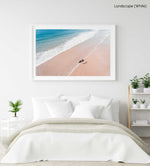 Aerial of father and daughter playing on Cape Town beach in a white fine art frame