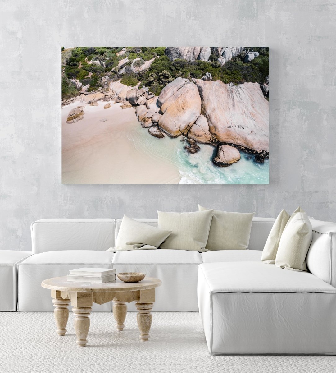 Aerial of boulders and beach in Cape Town in an acrylic/perspex frame