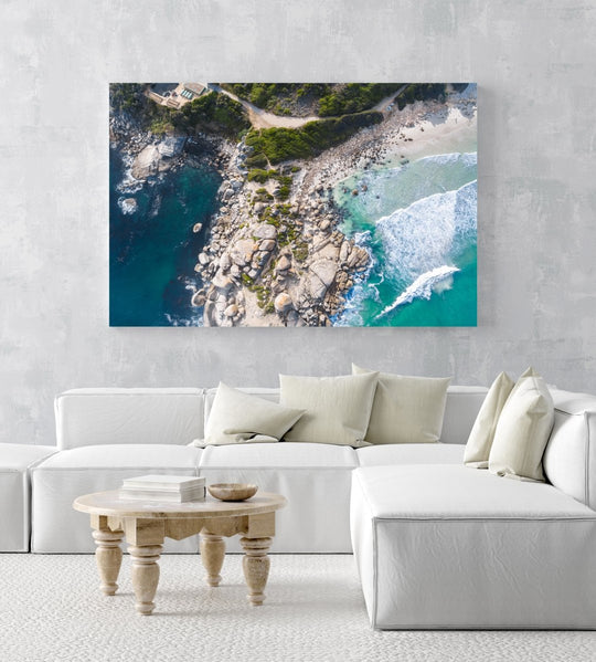 Aerial boulders in sea in Llandudno Beach Cape Town in an acrylic/perspex frame