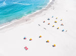 Aerial of colorful beach chairs on Camps Bay beach Cape Town