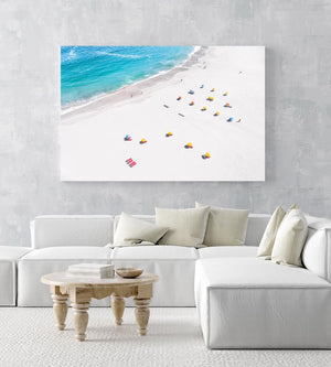 Aerial of colorful beach chairs on Camps Bay beach Cape Town in an acrylic/perspex frame