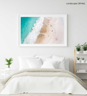 Aerial blue water and people walking on Camps Bay beach Cape Town in a white fine art frame