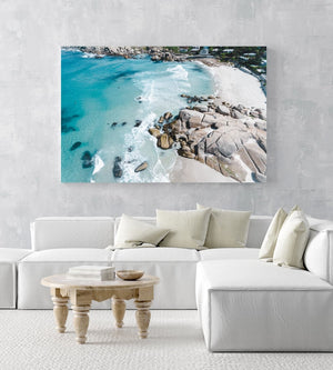 Aerial of blue Glen Beach surf in Cape Town in an acrylic/perspex frame