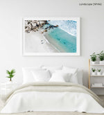 Aerial of two surfers about to get in blue water in Cape Town in a white fine art frame